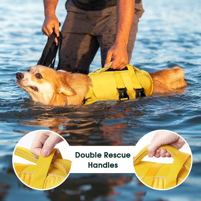Kuoser Dog Life Jacket, High Flotation Reflective Dog Life Vest, Yellow, M | Adjustable Dog Lifejackets for Small Medium Large Dogs, Lifevest with Rescue Handle for Swimming, Boating, Lake, Beach & Pool
