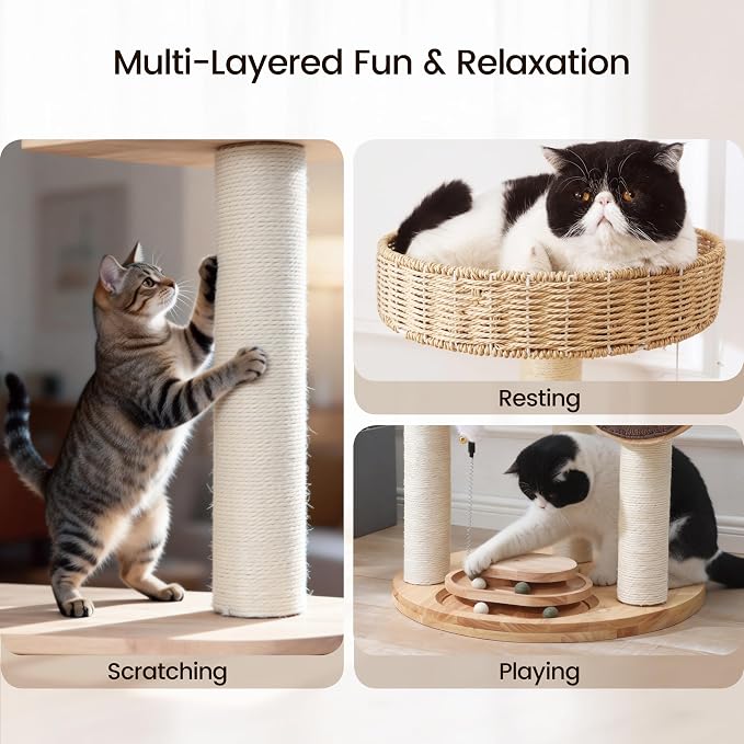 Solid Wood Cat Tree for Large Cats, 48-Inch Modern Cat Tower with Hand-Woven Baskets, Multi-Level Cat Condo with Sisal Scratching Posts, Sturdy Indoor Cat Furniture for Big Cats up to 20lbs