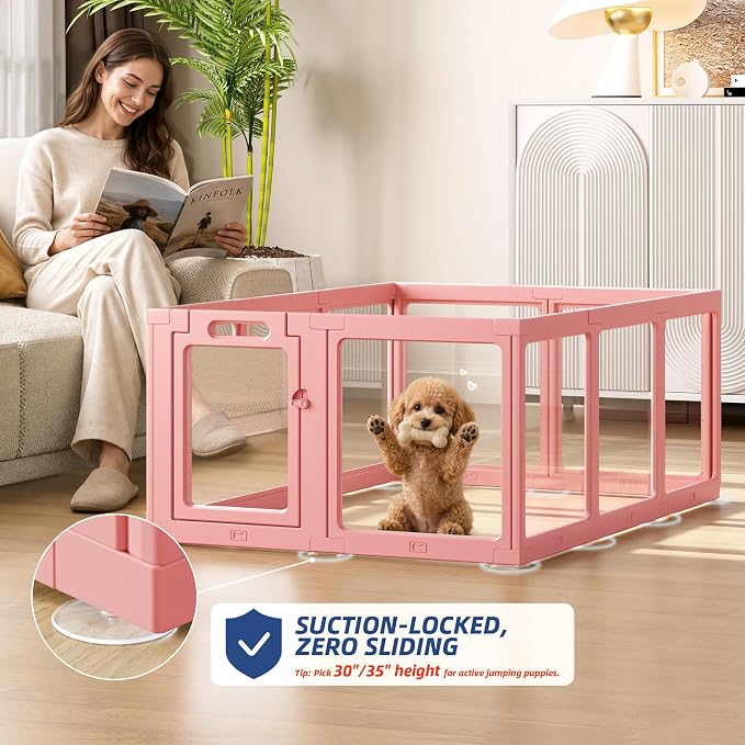 Clear Acrylic Dog Playpen Indoor, Puppy Cat Small Pet Play Pen, Pet Cat Playpen for Rabbits, Dog Fence Crate Kennel Whelping Cage (Pink, 10 Panel)