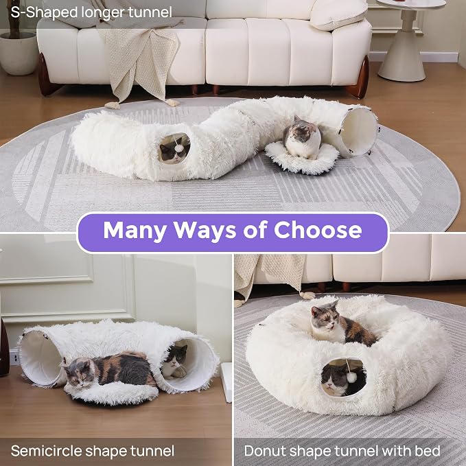 Plush Cat Tunnel Bed for Indoor Cats with Soft Cushion, Multi-Shape Play Cave with Hanging Balls, Large and Foldable Cat Donut Tunnel for Small and Large Pets (White)