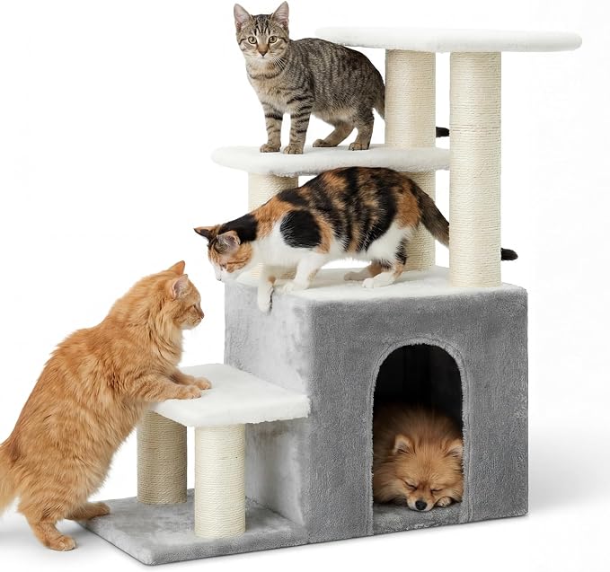 Heybly Cat Scratching Post, Pet Steps for Indoor Cats and Dogs, HSP002SWWH | Small Cat Tree with Cat Condo, Pet Stairs with Full Wrapped Sisal Posts & Soft Plush Fabric, Light Gray & White