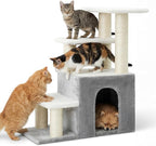 Heybly Cat Scratching Post, Pet Steps for Indoor Cats and Dogs, HSP002SWWH | Small Cat Tree with Cat Condo, Pet Stairs with Full Wrapped Sisal Posts & Soft Plush Fabric, Light Gray & White