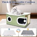Extra Large Cat Beds for Indoor Cats, Covered Cat Cave Beds & Furniture with Scratch Pad and Fluffy Ball, Foldable Condo Hideaway with Reversible Cushion for Multi Small Pet Large Kittens, Green