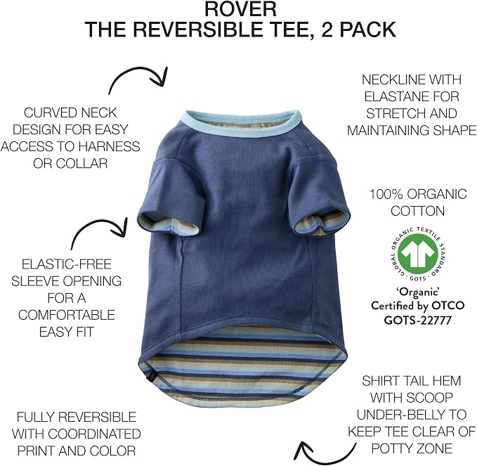 Pet Passion Rover - The Reversible Tee, 2 Pack Short Sleeve Pet T-Shirt 100% Organic Cotton Tees for Small, Medium, Large Dog Clothes, Blue Sand, XX-Large