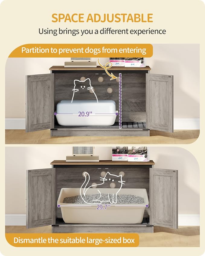 Hzuaneri Cat Litter Box Enclosure, Hidden Litter Box Furniture with Divider | Wooden Cat Cabinet with Removable Dividers, Reversible Entrance Left or Right Side, Cat Washroom, Greige CB84605X