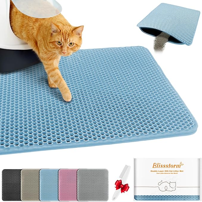 Cat Litter Mat 24"x35",Double Layer EVA litterbox Mat, Blue | Waterproof honeycomb large grid, urine-proof and odor-free. Traps litter, easy cleanup,Washable, non-slip backing