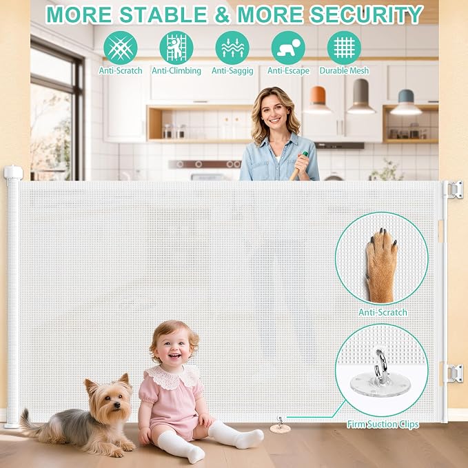 EZIGO 71 Inch Retractable Baby Gates, 41 Inch Extra Tall Retractable Gate | One-Hand Operation Retractable Dog Gate, 5.9FT Mesh Safety Pet Gate for Stairs, Deck, Porch, Doorways Indoor Outdoor, White