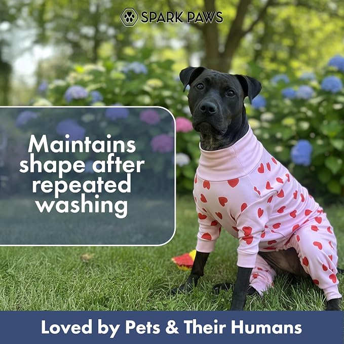 Spark Paws Dog Pajama, Dog Recovery Suit Male, Onesie, Ultra-Soft and 4-Way Stretch, for Small Medium and Large Breeds - Pink Hearts - 2XL