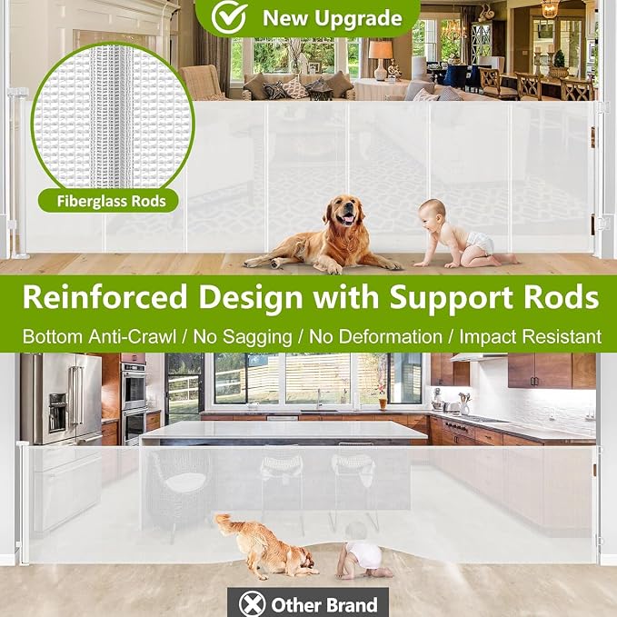 Reinforced 42" Tall Dog Gate 195" Extra Wide Retractable Baby Gate, White | Indoor Tall Pet Gate, Outdoor Retractable Gate, Space-Saving, Easy to Use, Safety Lock, Scratch-Resistant Mesh, Easy Install