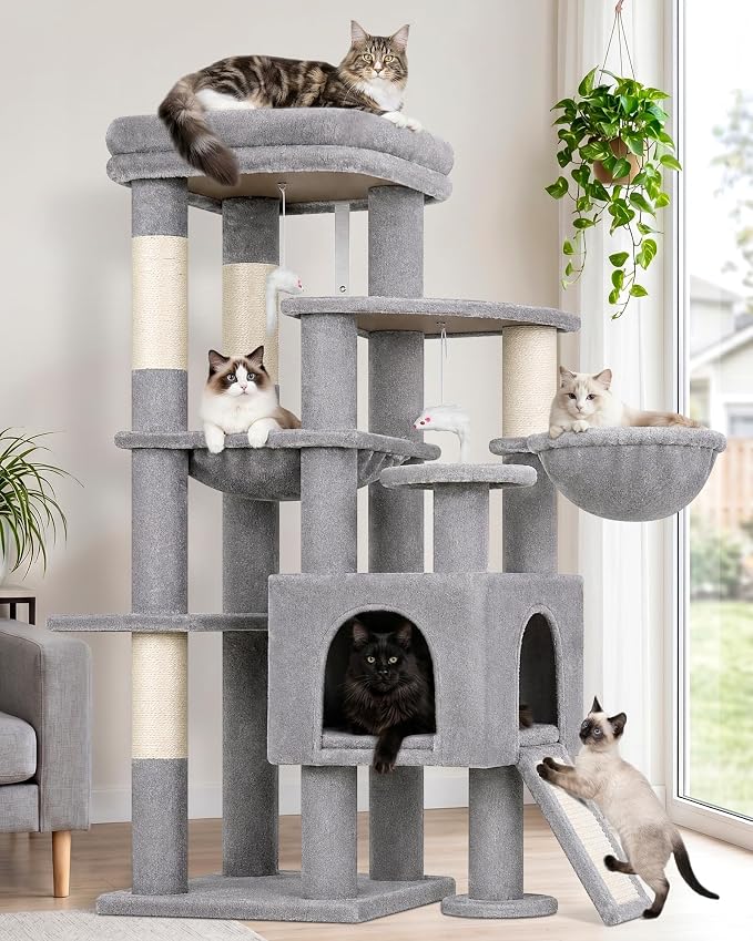 Globlazer S51 Sturdy Cat Tree for Indoor Large Cats, Light Grey | 51in Cat Tower with 4 Scratching Posts, Large Cat Tree with hammock for Cats Large Adult, Hanging Baskets, Top Perch