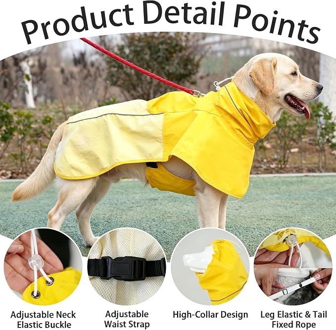 MAMORE Dog Raincoat with High Collar - Waterproof Adjustable Dog Rain Jacket, Lightweight Reflective Pet Rain Coat for Small Medium Large Dogs for Outdoor Walking Hiking(Yellow, X-Large)