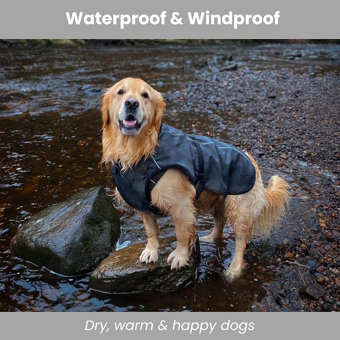 Self-Heating Waterproof Dog Coat Lightweight Thermal Winter Jacket L | Reflective thermal lining retains body heat with no bulk. Waterproof, easy clip-on design for cold-weather walk and adventure