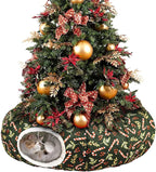 Cat Tunnel Bed Under Christmas Tree, 3x3ft Donut for Cats | Collapsible Polyester Fabric, 9.8in Tube Diameter, Holiday Green & Candy Cane Design for Kittens, Small Animals