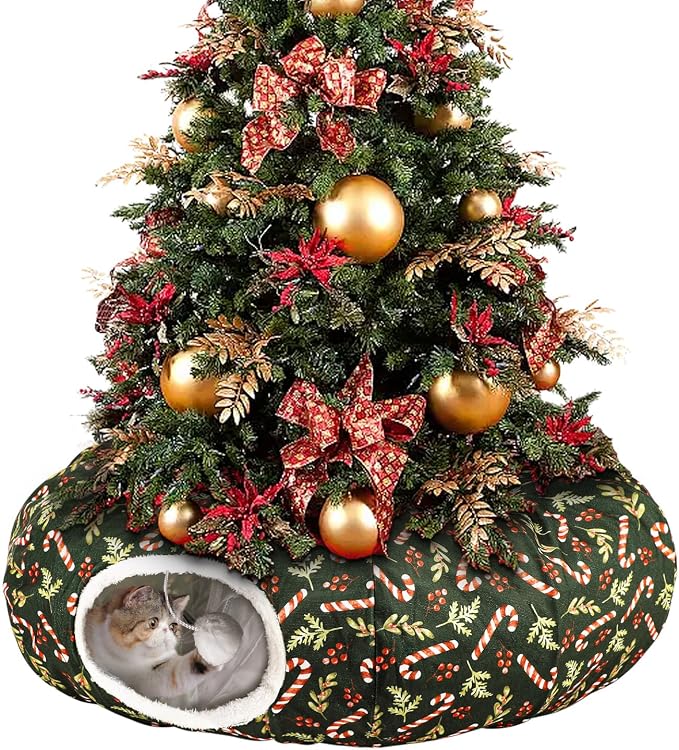 Cat Tunnel Bed Under Christmas Tree, 3x3ft Donut for Cats | Collapsible Polyester Fabric, 9.8in Tube Diameter, Holiday Green & Candy Cane Design for Kittens, Small Animals