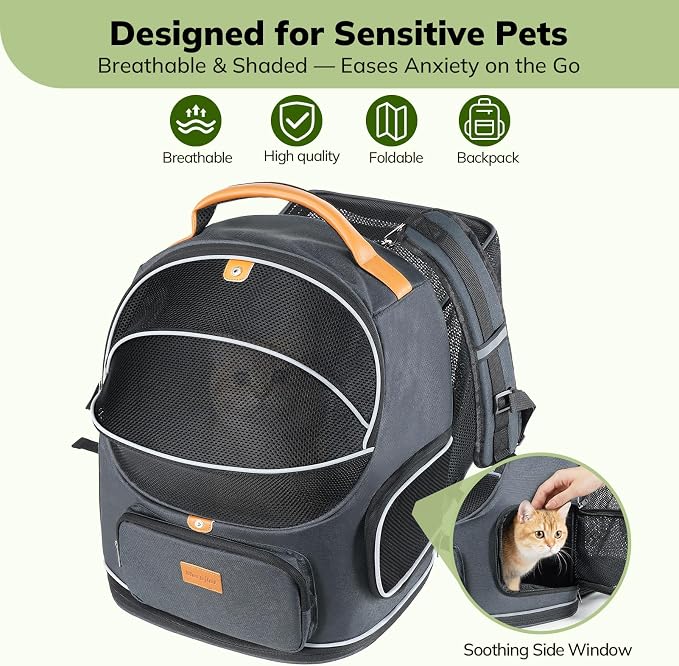 Morpilot Expandable Cat Carrier Backpack for Small Dogs & Cats Up to 12lbs, Breathable Mesh Pet Travel Backpack with Safety Leash, Foldable Airline Approved Carrier for Hiking Camping Outdoor, Grey