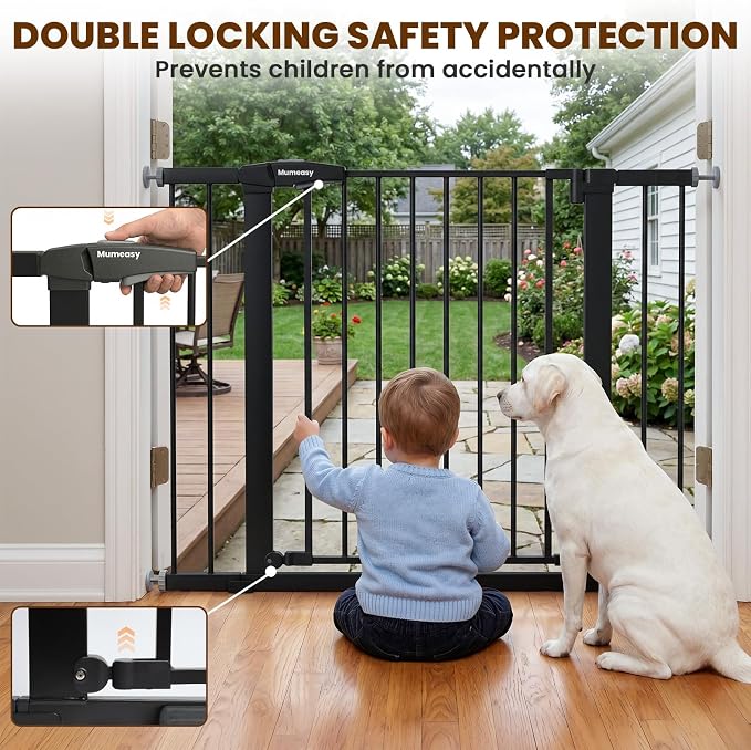 Mumeasy 29.7-43" Adjustable Baby Gate, Auto Close Dog Gate for Doorways | No drill installation, one hand operation, adjustable width, secure locking system, for dogs pets babies toddlers