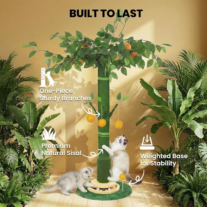 46" Extra Tall Cat Scratching Post for Large Cats, Sisal Rope | Heavy duty vertical sisal scratcher & stable climbing pole with hanging ball, tall post for adult cats full body stretch