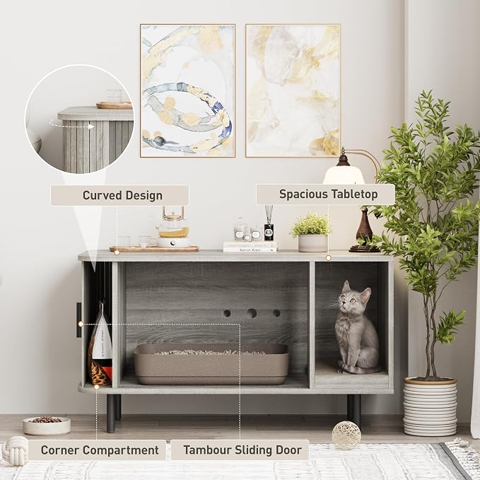 Halitaa 37.4" Cat Litter Box Enclosure with Scratch Pad, Sliding Door | Litter Box Enclosure Furniture Hidden Litter Box, Modern Indoor Cat House, TV Stand, Side End Table for Living Room, Grey