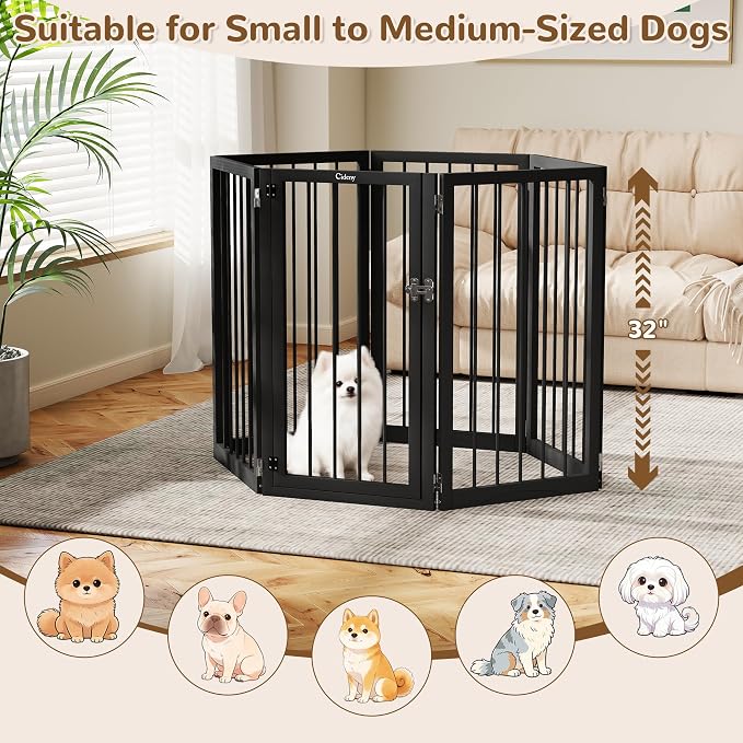 32" Extra Tall Free Standing Dog Gate Indoor, Foldable Pet Gate | for Doorways Stairs, 6-Panel Dog Gate with Door No Drilling, Folding Puppy Gate with Support Feet for Stability, 106"x32"