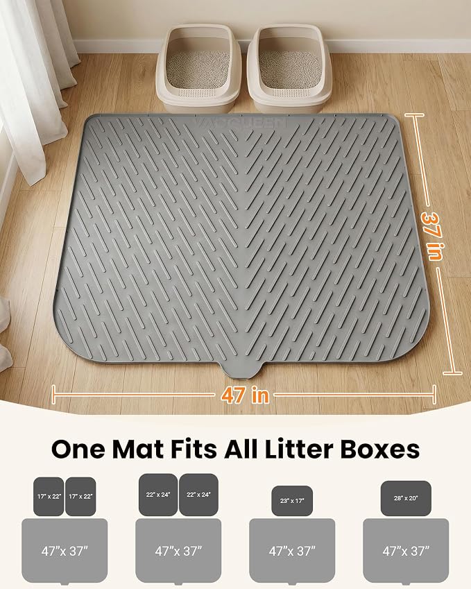 Cat Litter Mat, 47"x37" Extra Large Litter Box Mat, Silicone Mat, Gray | Waterproof Litter Trapping Mat for Scatter Control, Soft on Cat Paws Non-Slip Easy to Clean