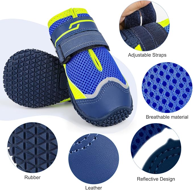 Illumifun Dog Boots for Hot Pavement Protection – 4 Pack Anti-Slip Breathable Paw Shoes with Reflective Straps, All-Season Outdoor Booties for Walking, Hiking, Camping (Navy Blue, Size 1)
