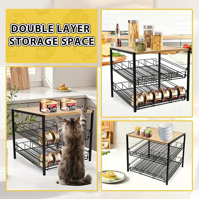 Bamboo & Iron Cat Food Organizer, 2-Tier Stackable Rack Holds 48 Cans 3oz | FIFO auto slide-down,Flat top storage, Organizes pantry & pet food cans