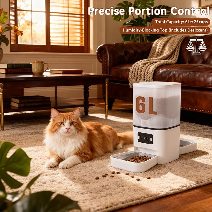 Automatic Cat Feeder with Dual HD Cameras for 2 Cats, Smart WiFi Pet Feeder with APP Control, Timed Feeding & Portion Control, 2-Way Audio, Night Vision, 5GHz/2.4GHz WiFi, 6L