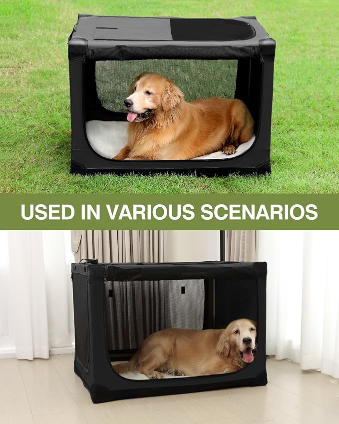 24 x 17 x 17 Inch Collapsible Soft Dog Crate for Dogs Up to 30 lbs, Portable Travel Pet Kennel with 4 Zip Doors, Foldable Indoor Outdoor Crate with Mat, Carry Bag, Black