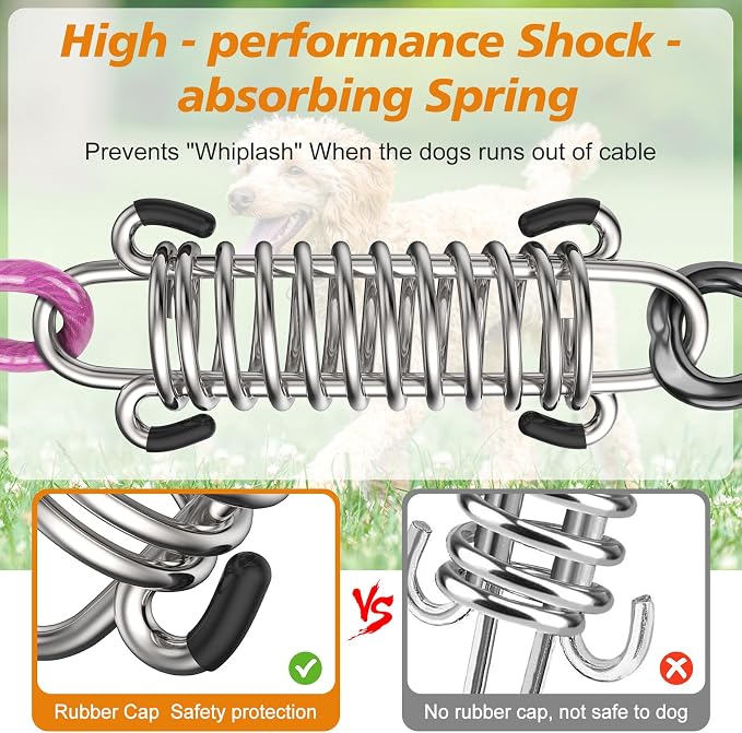 100FT Dog Tie Out Cable Lead with Shock Spring for Medium Large Dogs | Shock-Absorbing; 500LBS Tensile Strength; Strong Stainless Steel Core; 360° Swivel Locking Hook; Anti-Rust Vinyl Coating
