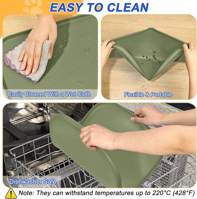 SMILOOL Silicone Pet Food Mat with Raised Edge for Food and Water Bowl, Dog Feeding Mats, Cat Food Trays for Floor Waterproof, Rubber Tray for Dogs and Cats, 22 x 14 x 0.8 Light Olive Green