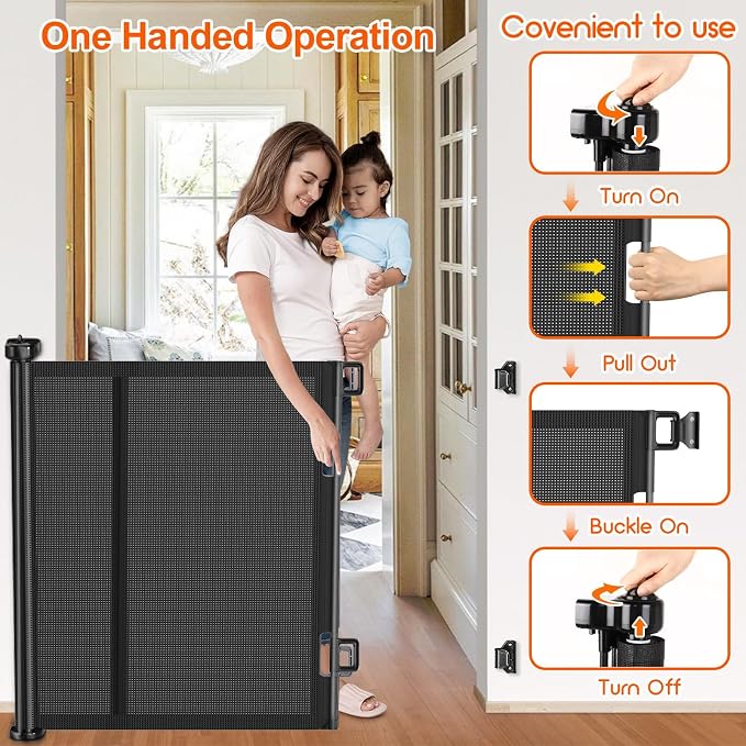 EZIGO 120 Inch Retractable Baby Gates Extra Wide Reinforced Baby Dog Gate | 34 Inch Tall Retractable Dog Gate with Reinforced Strip Mesh Safety Pet Gate for Stairs Hallway Doorway Indoor Outdoor, Black
