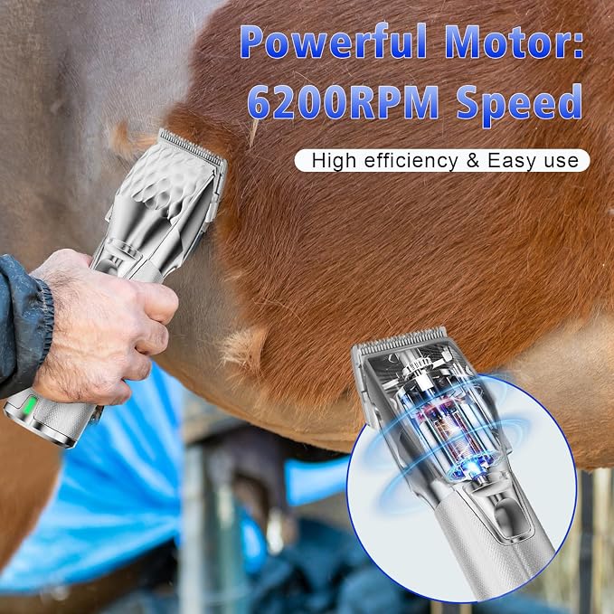 Rechargeable Horses Clippers, Cordless Pet Hair Trimmer Shaver with 6 Guide Guards, 2500mAh Large Battery Capacity Electric Grooming Kit for Livestock Animal Thick Coat, Light Weight 0.8lbs