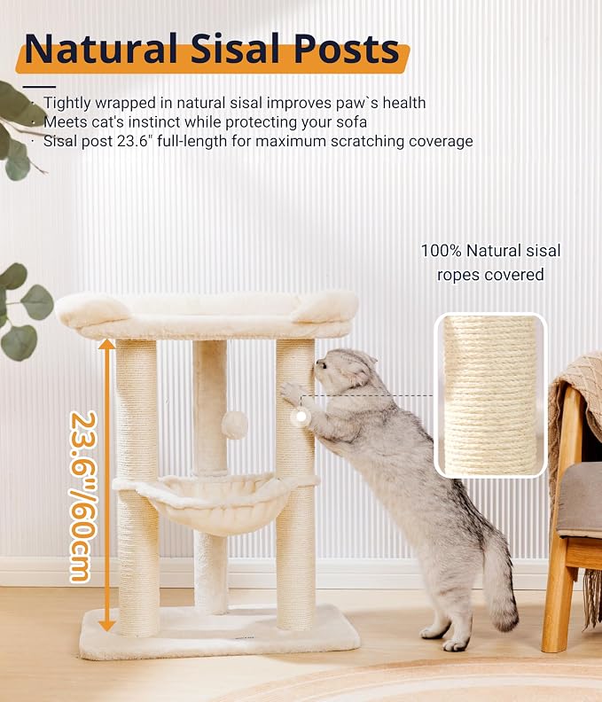Happi N Pets Cat Tree, Cat Scratching Posts with Large Bed for Big Cats | Small Cat Tower, 28" Tall For Window Viewing, 23.6"x15.7" Cat Perch Bed, Cat Hammock, Removable Cover, Solid Structure, Beige