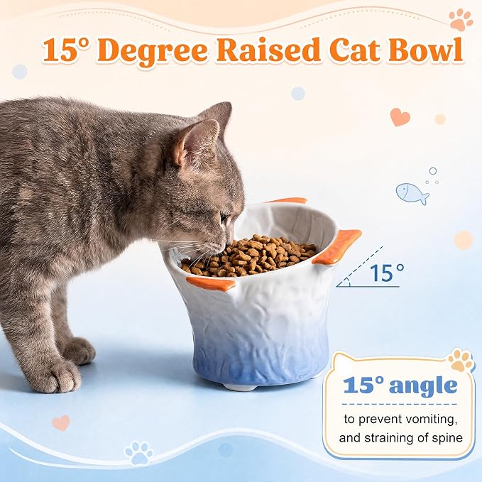 Tioncy 2 Pcs Raised Tilted Ceramic Cat Food Bowl Fish Shape Cute Elevated Slanted Shallow Angled Cat Dish Non Slip Feeder Bowl for Anti-Vomiting and Fatigue (Blue,Orange)