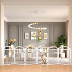 BHG Metal No-Assembly Freestanding Dog Gate with Door Walk Through, Extra Wide 144", Extra Tall 32" Pet Gate, Accordion Puppy Folding Playpen Dog Fence for Indoor & Outdoor, with 2PCS Support