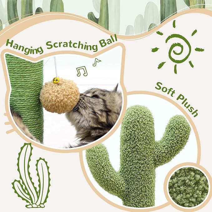 Globlzer 30in Cactus Cat Scratching Post for Indoor Cats, SC30, Green | Stable Cat Scratcher for Kitten Adult Cats, Durable Sisal Rope, Interactive Solid Wood Ball Game, Dangling Ball Toy
