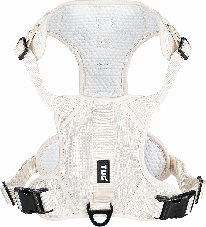 TUG No-Pull Dog Harness, 2 Leash Clips + Padded Handle (Medium, Cream) | Water-Resistant Padded Interior | Front No-Pull & Rear Clips | Padded Back Handle | Adjustable Straps | Lightweight