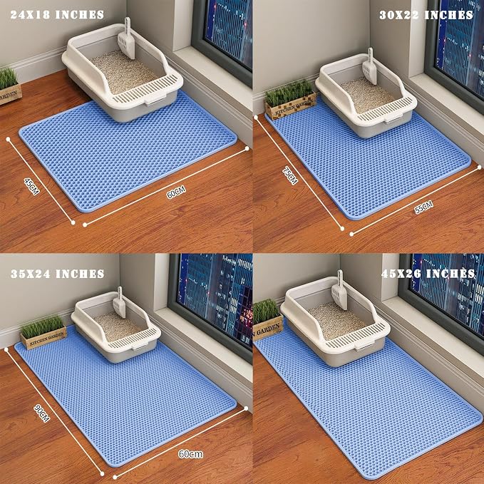 HCY&WLD Cat Litter Mat, Double Layer Cat Litter Box Mat (24x18 Inch, Blue) | Waterproof Urine-Proof Non-Slip Litter Trapping Mat, Soft on Kitty Paws, Scratch-Resistant, Scatter Control, Easy to Clean