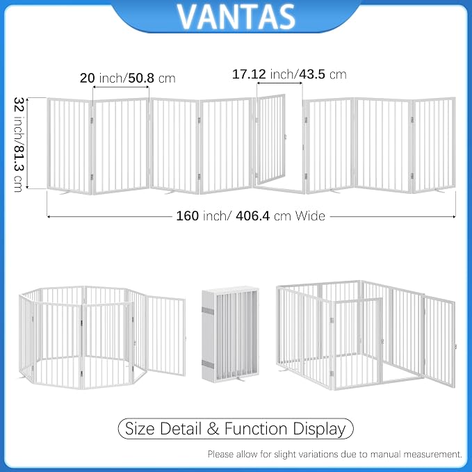 Vantas 160" x 32" Foldable Freestanding Extra Wide Dog Gate with Door,White | Freestanding Dog Gate for Stairs and Doorways, Renter Friendly No Drill, Extra Wide, Easy Storage, With Support Feet