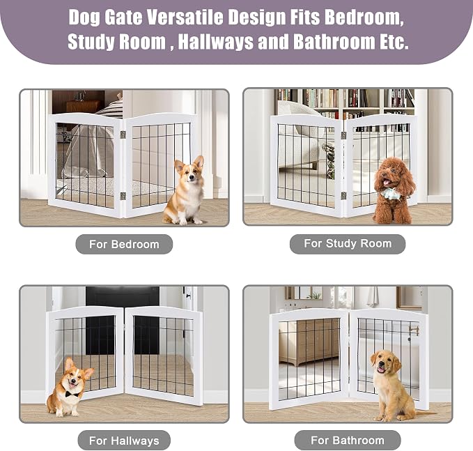 LZRS 2-Panel Freestanding Foldable Wood Dog Gate – Solid Wood & Steel Wire, Chew-Resistant Pet Barrier for Indoor Use, Ideal for Small to Medium Dogs, White