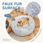 DUMOS 37.4 Inch Donut Dog Bed, Faux Fur Plush, Grey | Machine Washable Cuddler Warming Cozy Fluffy Faux Fur Plush Round Pet Bed, Anti-Slip Bed for Indoor Dogs and Cats