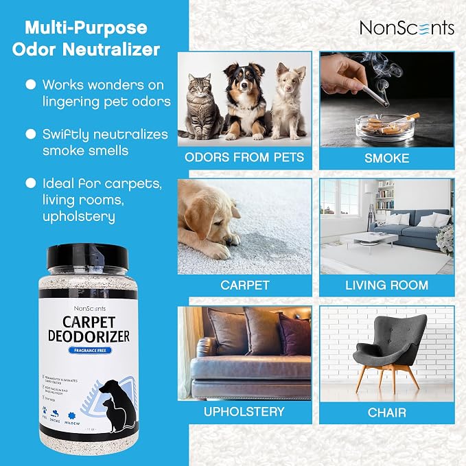 NonScents Carpet & Rug Odor Eliminator - Smell Neutalizer for Pets - 1 Pack | 14 ounce, Safe and Fragrance-free pet carpet deodorizer, For Cat & Dog, Removed Pet Urine odors, Fresh scent powder