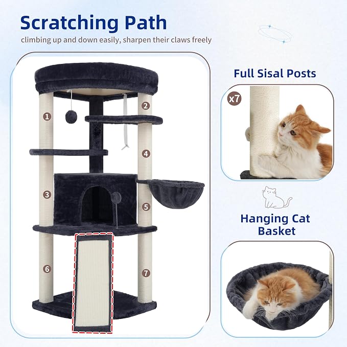 Gitelsnour Corner Cat Tree Tower with All Sisal Scratching Posts GCT025G | 44.1" Cat Furniture with Multi-level Cat Condo, Cat Cave, Hanging Basket, Sisal Scratching Ramp for Indoor Cats, Drak Gray