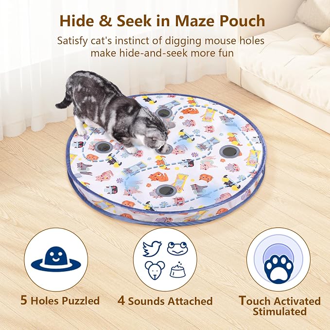 ORSDA Interactive Cat Toys Ball, Automatic Fast Rolling Ball in Pouch, Hide and Seek for Indoor Cats, Motion Chirping Activated Moving Toy, 5 Holes Mat Mouse Catching Game