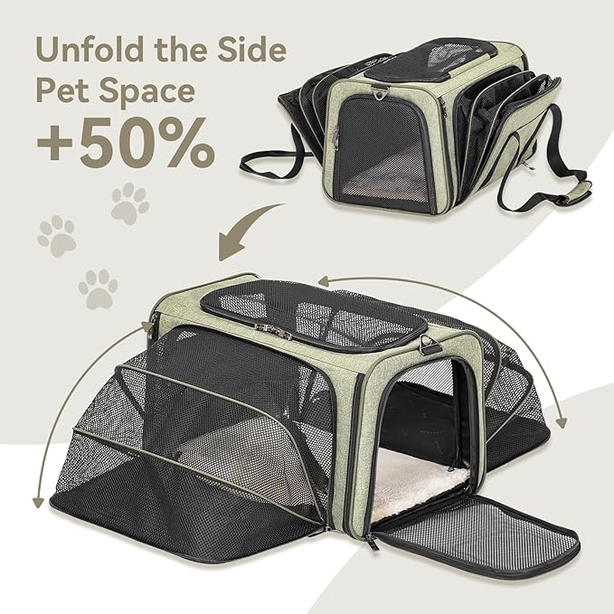 Petsfit Small Double Expandable Cat Carrier for Kittens and Air Travel | 16 x 10 x 9 in; sized for Alaska Airlines, with locking zippers, an interior safety tether and multi-side ventilation.