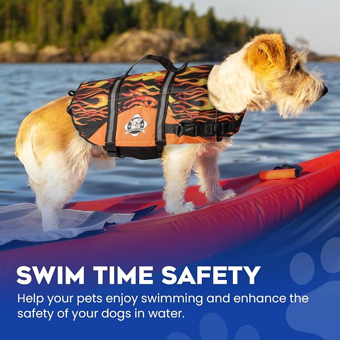 Dog Life Jacket — Premium Swim Vest with SafeChin Anti-Choke Collar | PAWS Aboard Racing Flames | RapidLift Rescue Handle, D-Ring, Reflective Trim | Boating, Kayaking, Pool | Small (15–25 lbs)