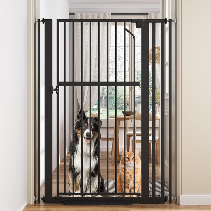 Floisdace 63" Extra Tall Pet Gate for Cat/Dog, Adjustable 29.9-37.4" Wide Auto Close Tall Cat Gate, No Drilling Pressure Mount Kit, Dog Gate for Doorways, Hallways, Kitchen, Black