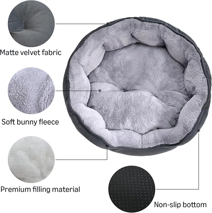 Amazon Basics Round Dog Bed for Small Dogs, Cat Beds for Indoor Cats, Washable Puppy Bed with Soft Plush Cushion, Anti-Slip Bottom, 20x19x6 Inches, Gray