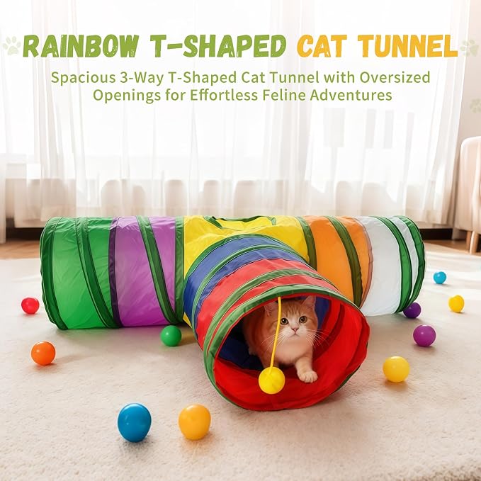Cat Tunnel,Cat Tunnels for Indoor Cats Interactive, Pet Tunnel Toys for Cats Kitten Rabbits,3 Way Collapsible,Rainbow L 32" T Shape
