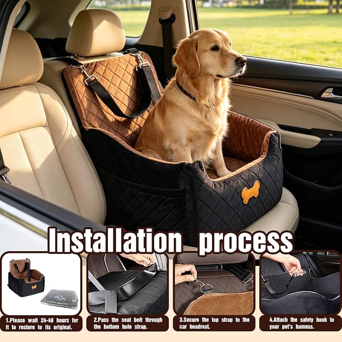 Dog Car Seat for Small Dogs, Dog Booster Seat Filling in Thick Memory Foam with 2 Safety Leashes and Storage Pocket, Suitable for Pet Under 30lb or 2 Puppies (Brown/Black)